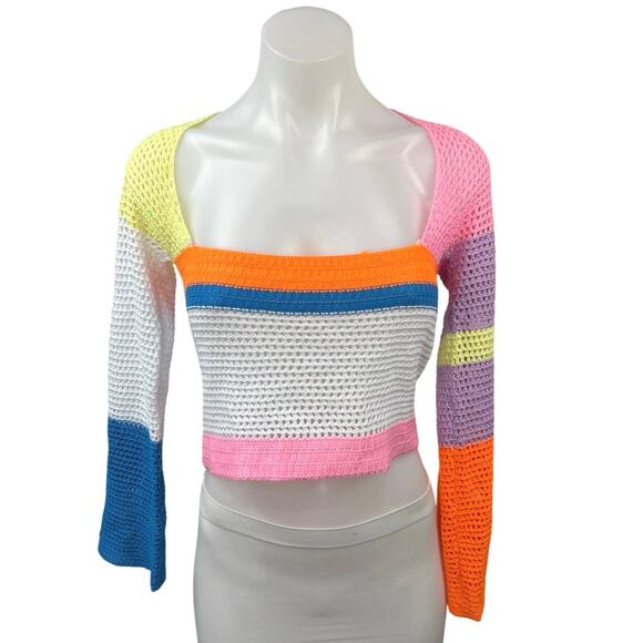 Women's Multicolor Colorblock Crochet Knit Long Sleeve Sweater Crop Top Size S - Picture 1 of 4